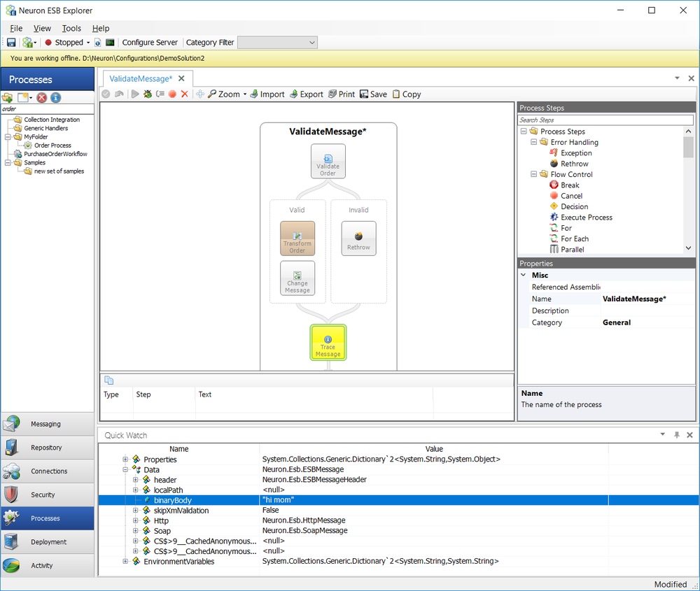 Neuron ESB Business Process Debugging Watch Window with Breakpoint