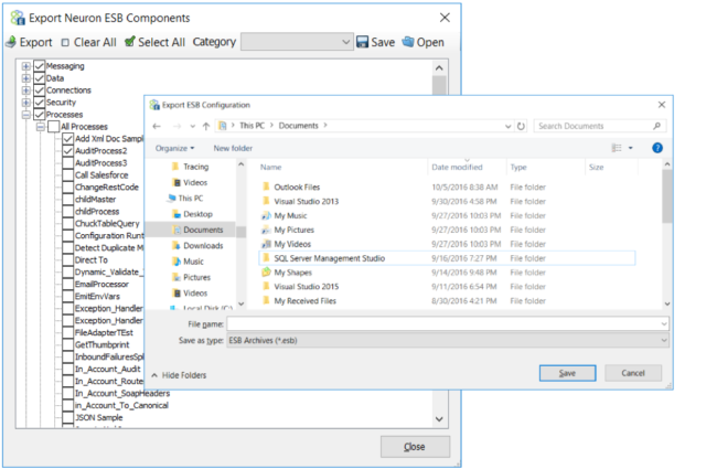 Figure 2: Export Neuron ESB Components dialog accessible through Neuron ESB Explorer File/Export menu