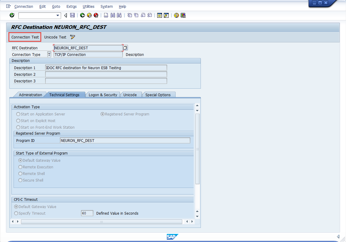 SAP RFC Destination Connection Test