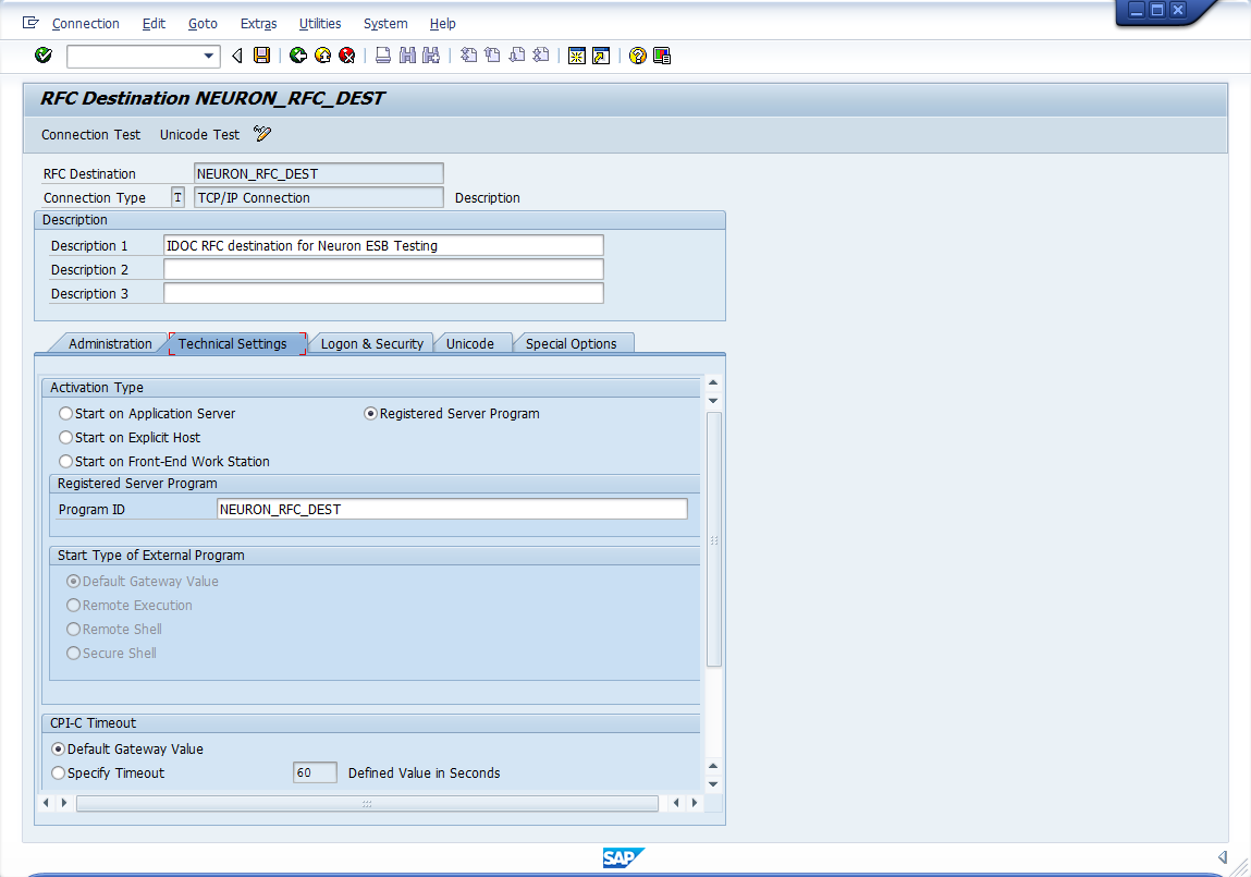 SAP RFC Destination - Technical Settings