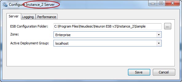 The Configure Server dialog box for the Instance_2 Neuron Runtime Service